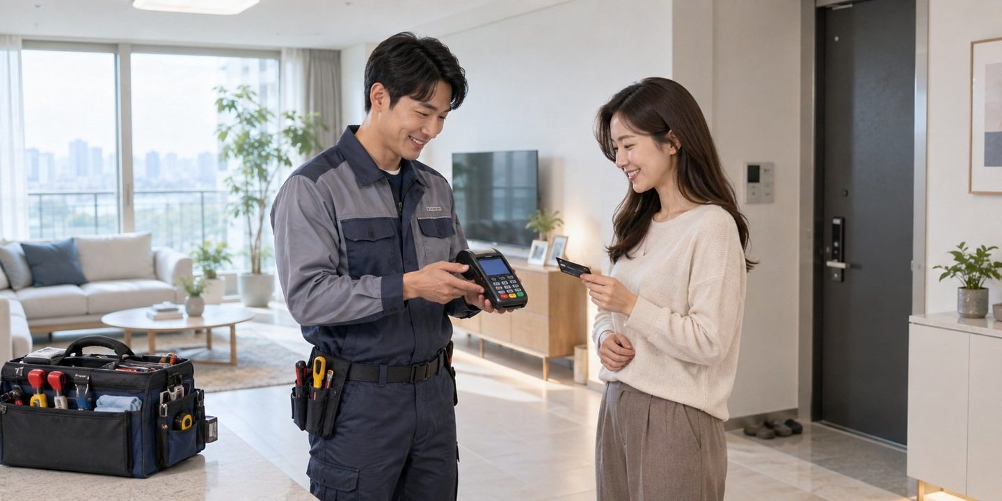 매장 안에서 휴대용 결제 기기를 살펴보는 사람들 — 신용불량자 PG 카드단말기 배달배달, 문 앞 결제를 짧게. 연락 주시면 배달 동선에 맞는 방식을 같이 정해 드립니다.