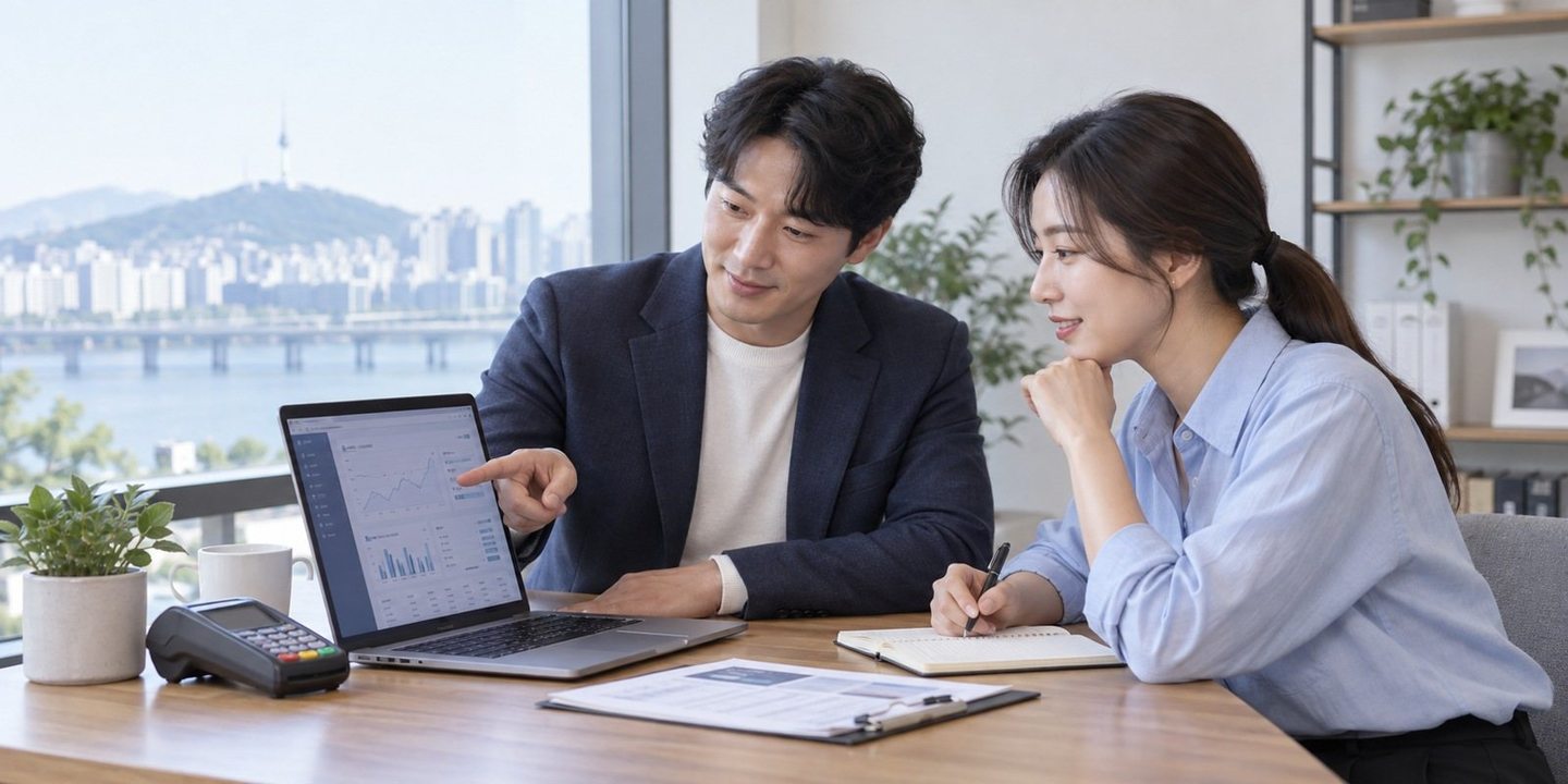 노트북 화면을 함께 확인하는 두 사람 — 신용불량자 PG 카드단말기 당일정산당일정산, 사장님 손에 오늘. 연락 주시면 장사 흐름에 맞는 입금 날짜를 같이 정합니다.