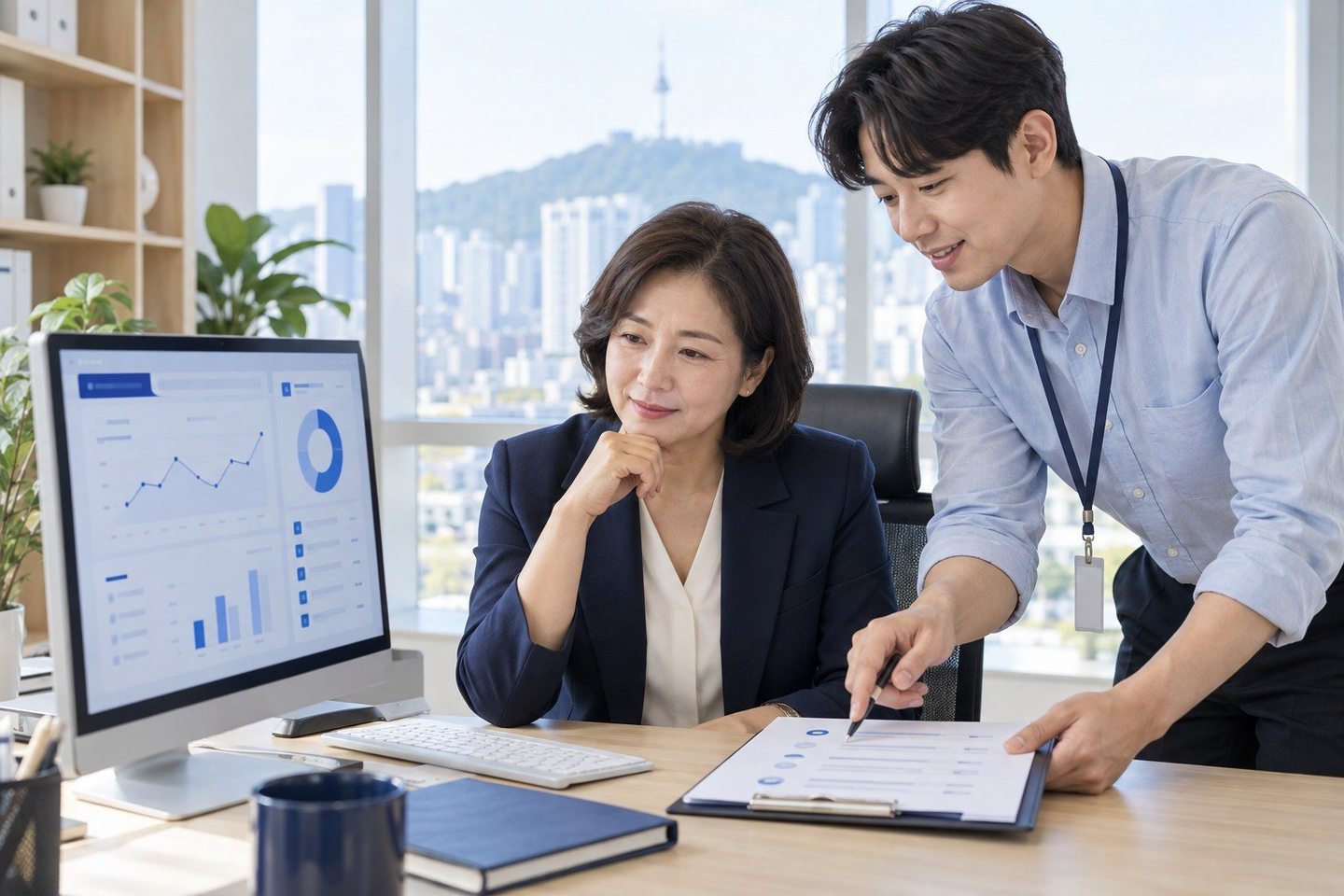 온라인 업무 화면을 함께 확인하는 두 사람 — 신용불량자 PG 카드단말기 배터리배터리, 사장님 하루를 끝까지. 연락 주시면 현장에 맞는 대비책을 세워 드립니다.